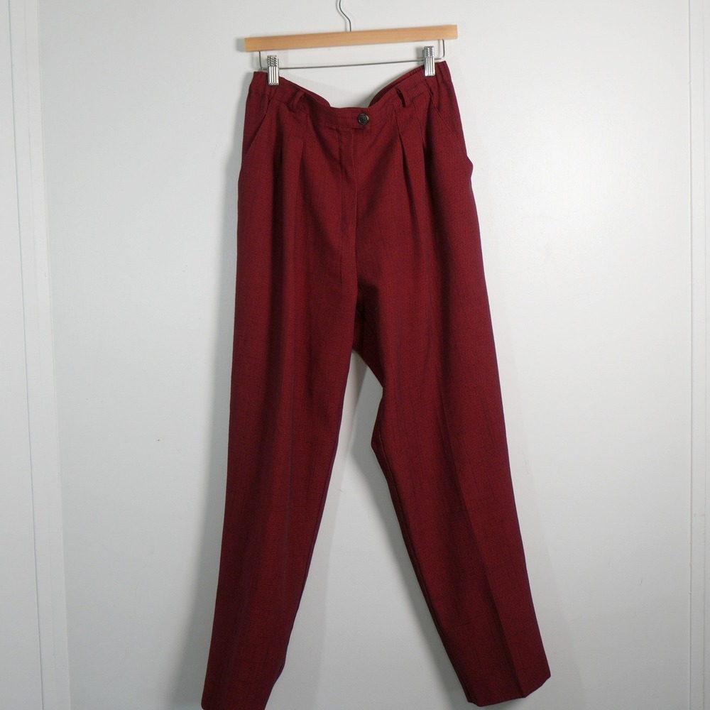 Sellecca Pleated Trousers Womens 12 Burgundy Houndstooth High Waist Tapered Leg